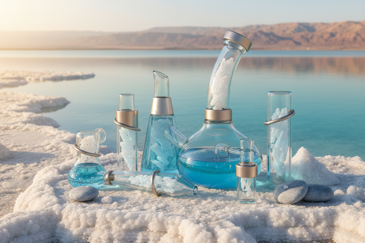 אביזרי הזכוכית שלך על רקע ים המלח