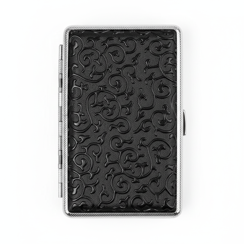 Flat view of black cigarette case on white background