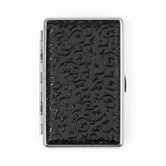 Flat view of black cigarette case on white background